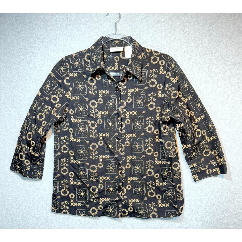Alfred Dunner Shirt Women's 8 Black Floral Embroidered 3/4 Sleeve Button-Up